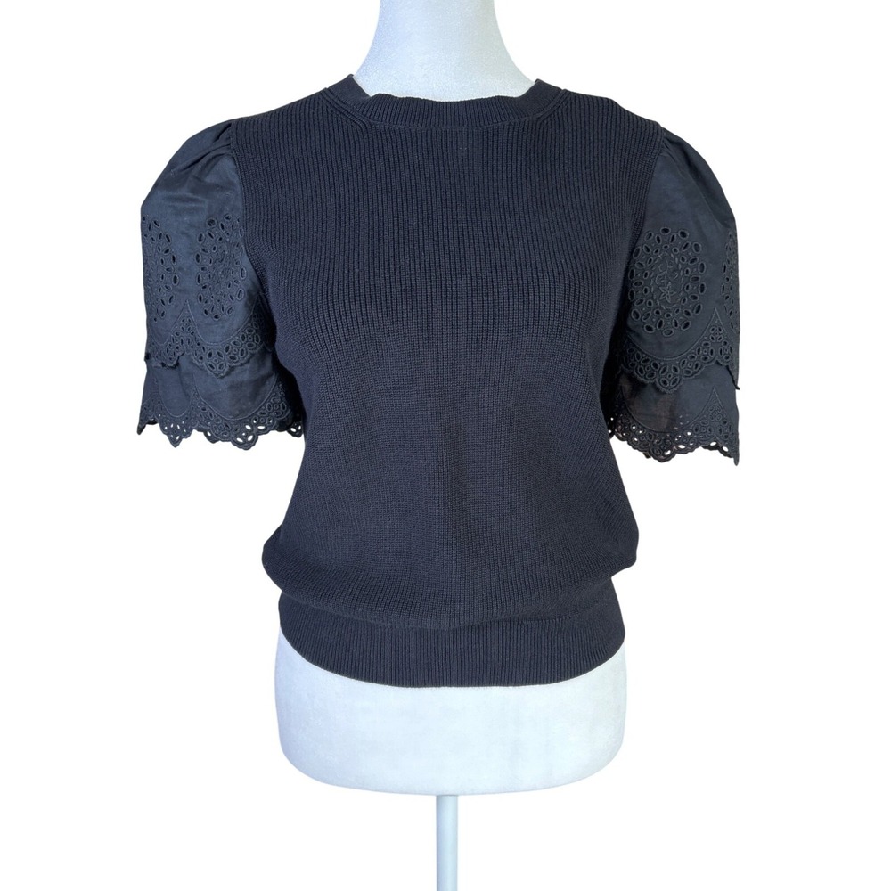 Paris Atelier & Other Stories Sweater Size Small Black Short Eyelet Puff Sleeves